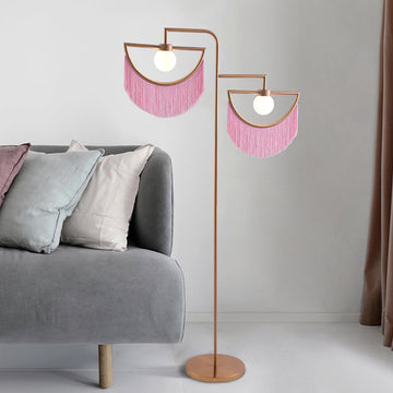 2-Light Linear Floor Lamp with Pink Fringes Macrame and Gold Tones Hanging